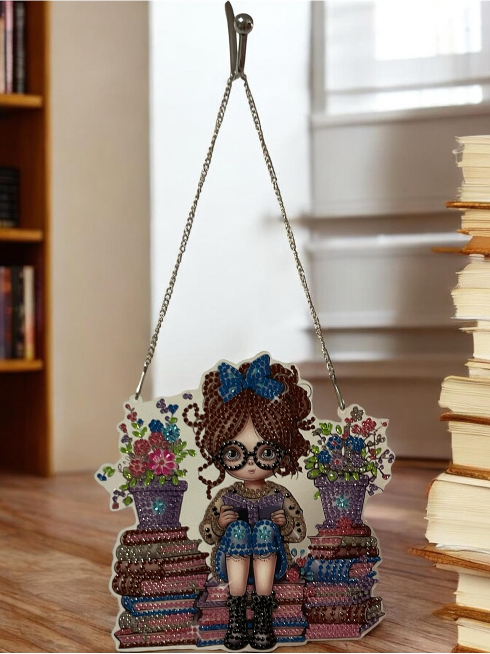 Handmade Diamond Art Book Lover Wall Hanging Cute Reading Girl Decor-Sealed